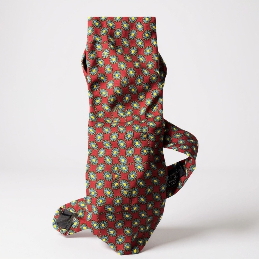 Burberrys Silk Tie Mens OS Red Blue Yellow Geometric Medallion Vintage Necktie‎